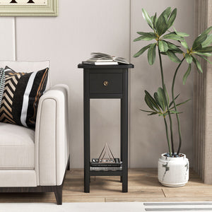 2 Tier Slim Nightstand Bedside Table with Drawer Shelf-Black
