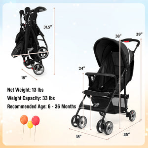 Toddler Travel Stroller for Airplane with Canopy and Adjustable Backrest-Black