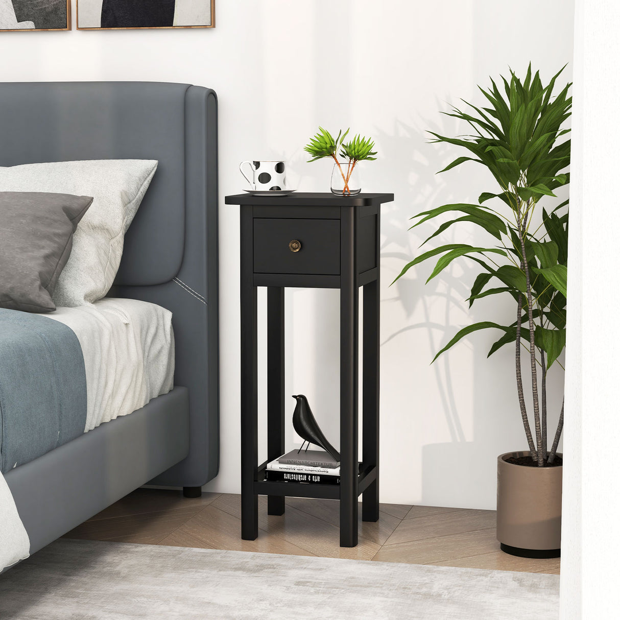 2 Tier Slim Nightstand Bedside Table with Drawer Shelf-Brown