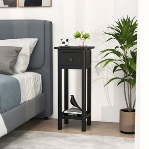 2 Tier Slim Nightstand Bedside Table with Drawer Shelf-Brown