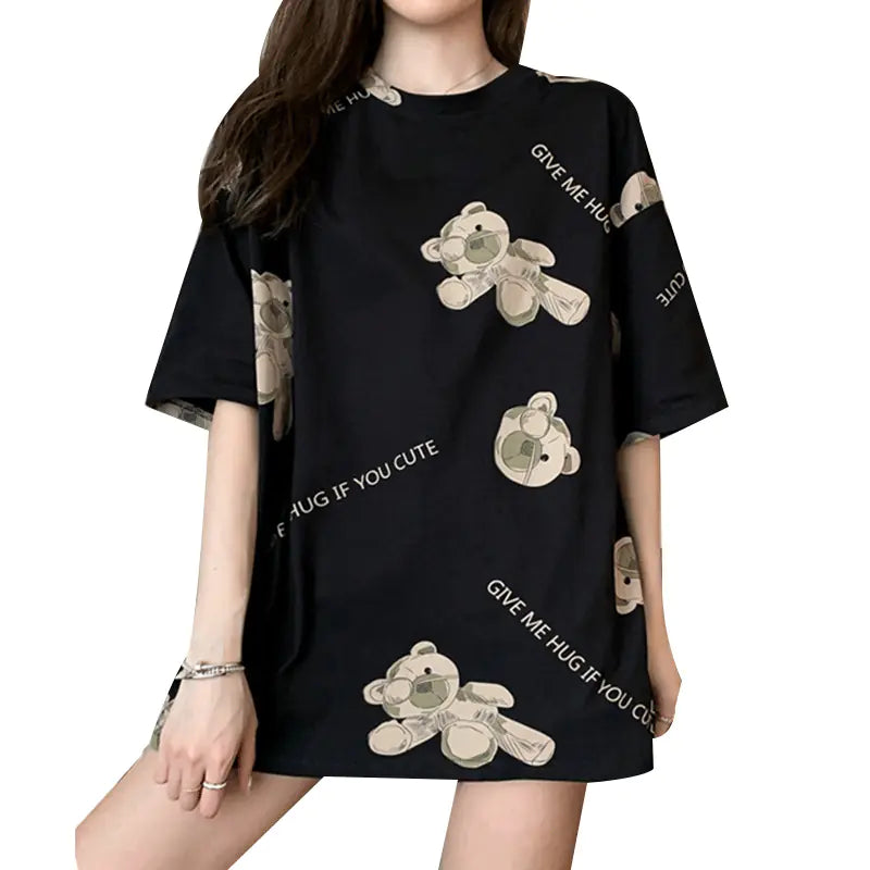 Korean Bear Cartoon Print Short-Sleeved T-Shirt