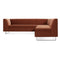 The Bonnie and Clyde Sectional Sofa is a contemporary brown L-shaped piece featuring clean lines and metal legs, presented against a plain white background.