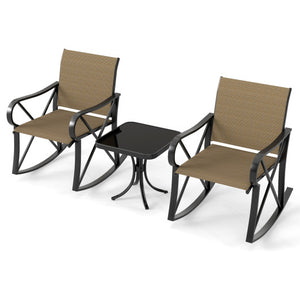3 Piece Patio Rocking Set with Smooth Rocking Motion Outdoor Rocker Chair Bistro Set -Brown
