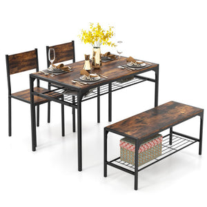 Industrial Style Rectangular Kitchen Table with Bench and Chairs-Rustic Brown
