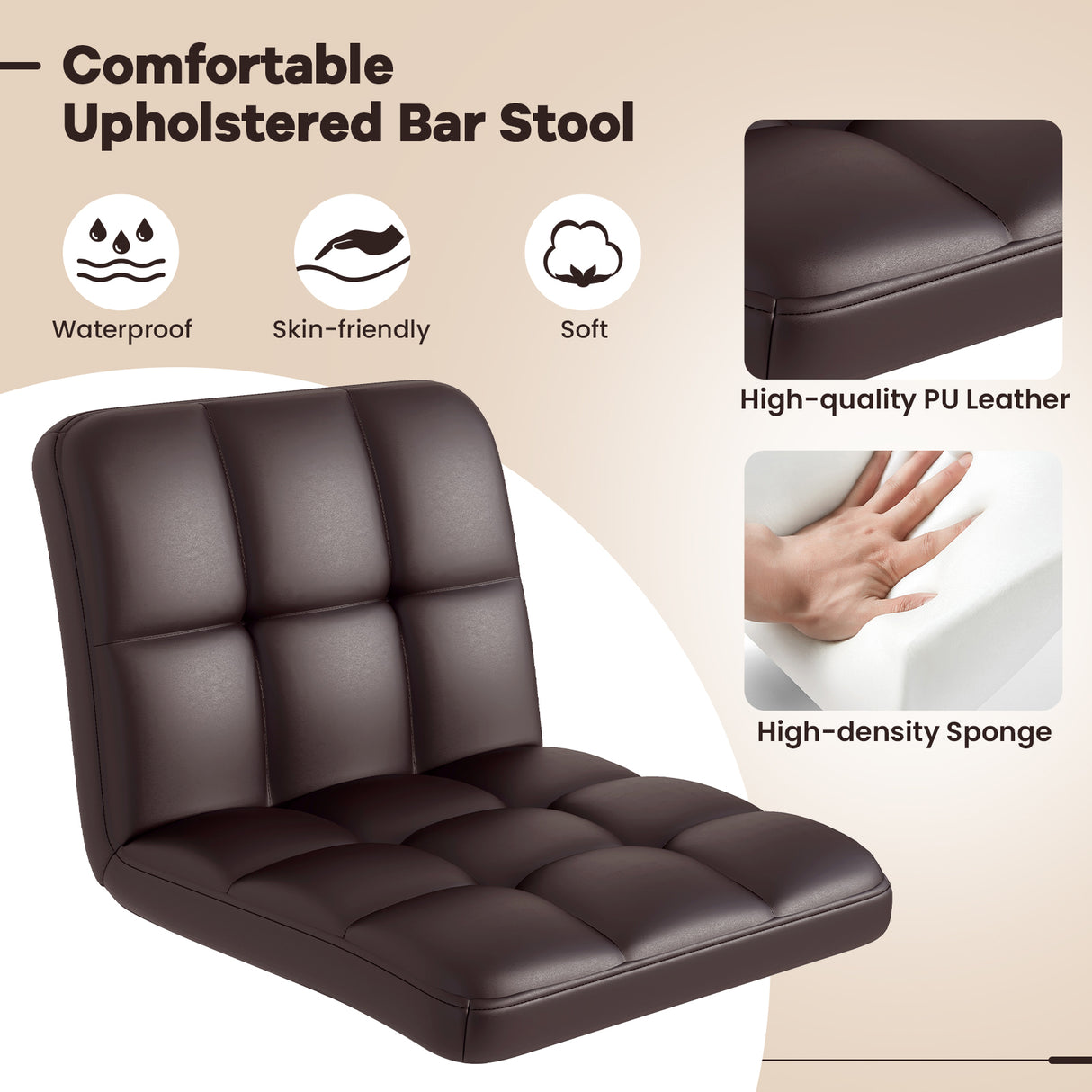 Set of 2 Square Swivel Adjustable PU Leather Bar Stools with Back and Footrest-Coffee