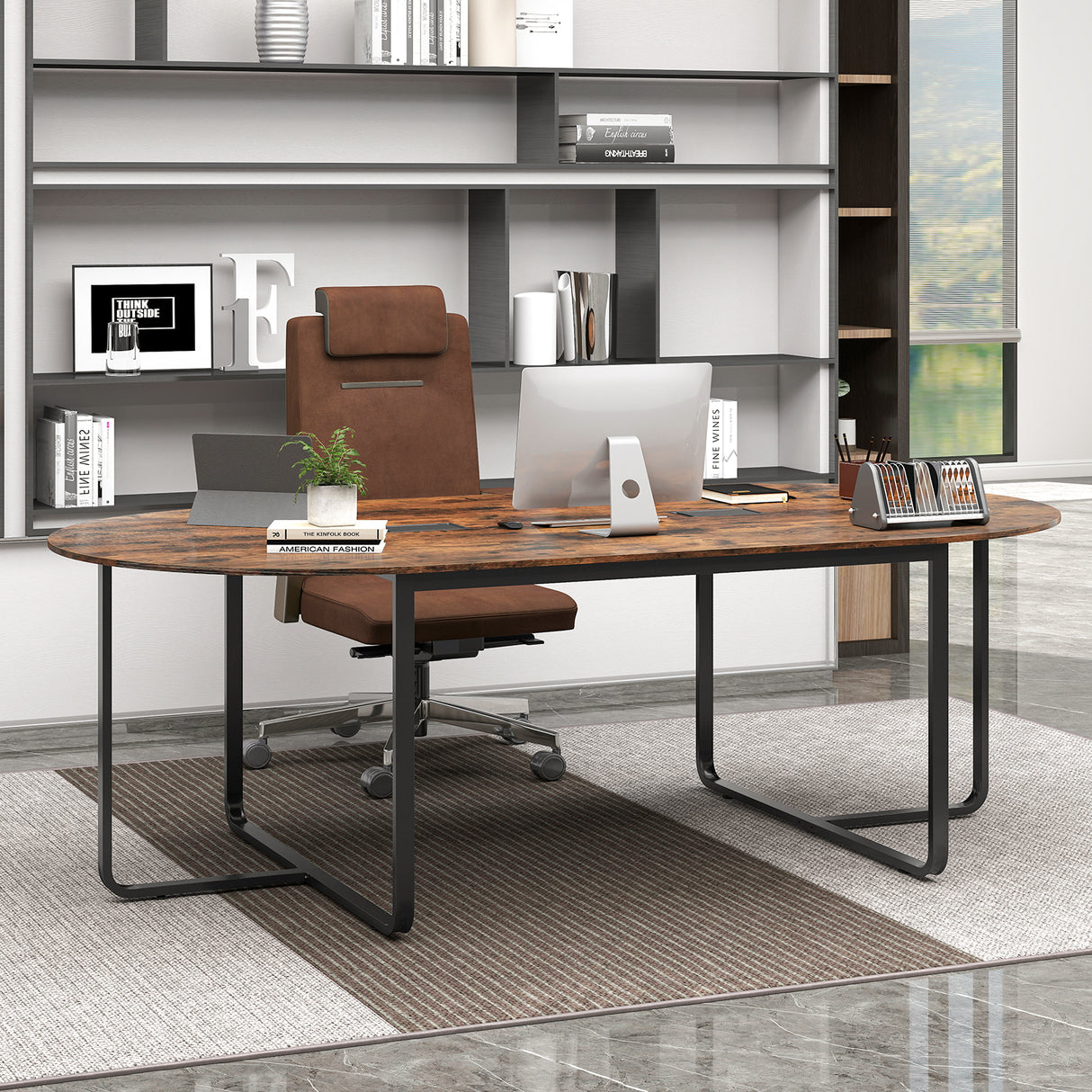 95 Inches Oval Conference Industrial Executive Table with Dual Cable Holes-Rustic Brown