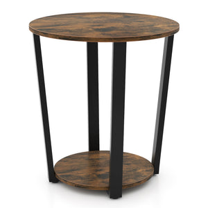 2-tier Round End Table with Storage Shelf and Metal Frame-Brown