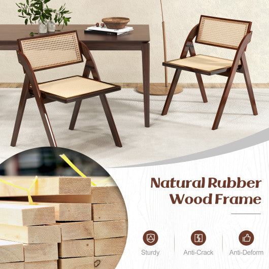 Foldable Dining Chairs Set of 2 with Woven Rattan Backrest-Brown