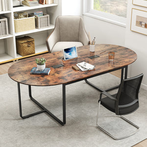 95 Inches Oval Conference Industrial Executive Table with Dual Cable Holes-Rustic Brown