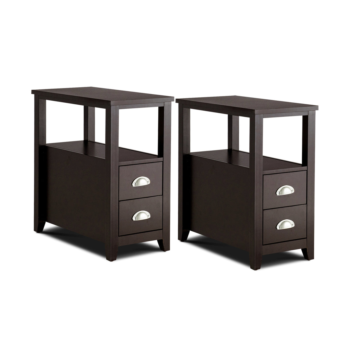 Set of 2 End Table Wooden with 2 Drawer & Shelf Bedside Table-Brown