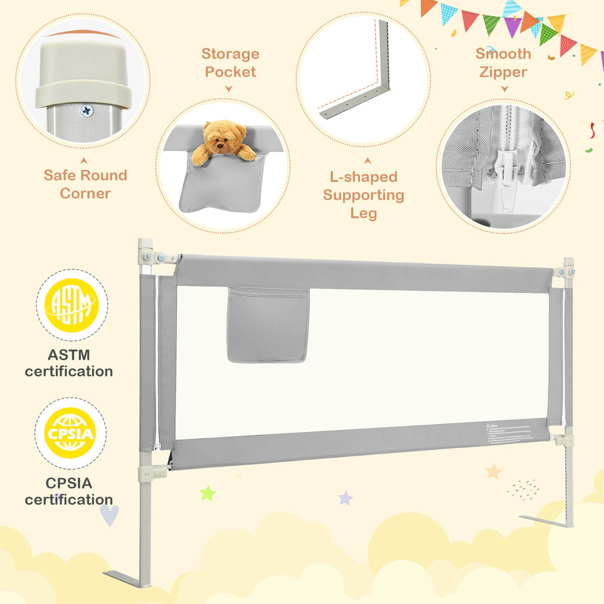76.8  Inch Baby Bed Rail with Double Safety Child Lock-Gray