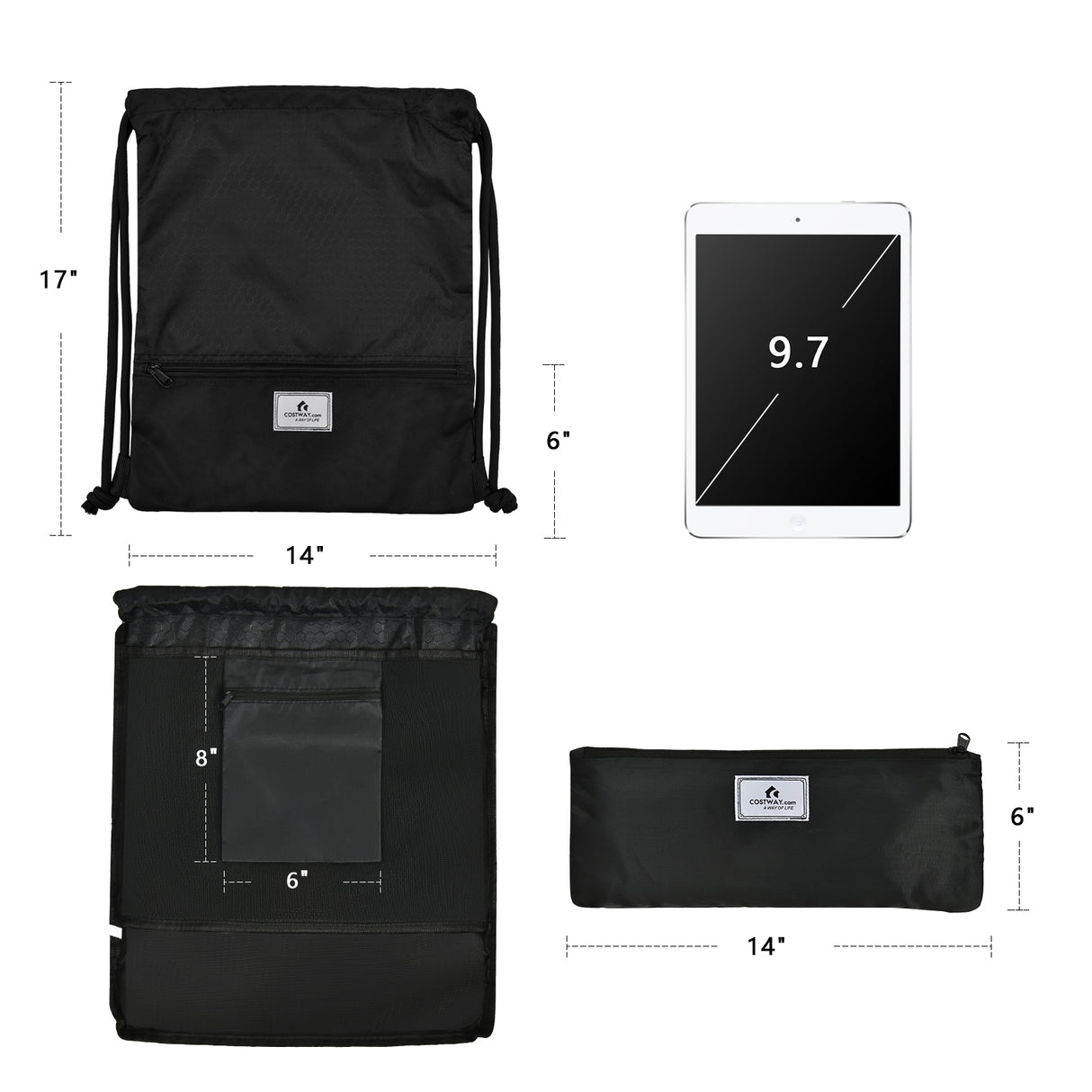 Drawstring Backpack String Bag Foldable Sports Sack with Zipper Pocket-Black