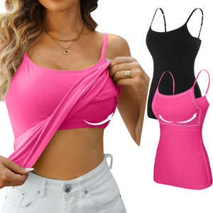 V FOR CITY Cotton Shelf Bra Camisoles Top for Women Adjustable Spaghetti Strap Tank Tops Basic Layer Camis 2 Pack Medium Black/Hot Pink