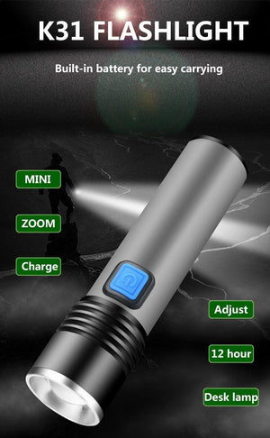 Built in battery XP-G Q5 Zoom Focus Mini led Flashlight Torch Lamp Lantern 2000 Lumen Adjustable Penlight Waterproof T6 light  Focus IP65 Water-Resistant Portable for Indoor and Outdoor Camping Hiking