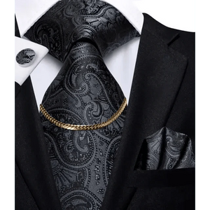 Business Black Silk Necktie Chain Classic Tie Square Handkerchief Elegant Cufflink Wedding Formal Neckties For Men