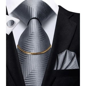 Business Black Silk Necktie Chain Classic Tie Square Handkerchief Elegant Cufflink Wedding Formal Neckties For Men