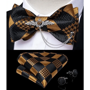 Business Elegant Gold Black Pattern Elegant Wedding Silk Bowtie Men Butterfly Fashion Bow Ties Pocket Square Classic Business Tuxedo Wedding Bowties Handkerchief Set