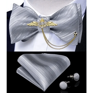 Business Elegant Gold Black Pattern Elegant Wedding Silk Bowtie Men Butterfly Fashion Bow Ties Pocket Square Classic Business Tuxedo Wedding Bowties Handkerchief Set