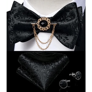 Business Elegant Gold Black Pattern Elegant Wedding Silk Bowtie Men Butterfly Fashion Bow Ties Pocket Square Classic Business Tuxedo Wedding Bowties Handkerchief Set