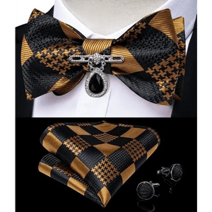 Business Elegant Gold Black Pattern Elegant Wedding Silk Bowtie Men Butterfly Fashion Bow Ties Pocket Square Classic Business Tuxedo Wedding Bowties Handkerchief Set