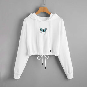 Butterfly Print Drawstring Hem Hoodie