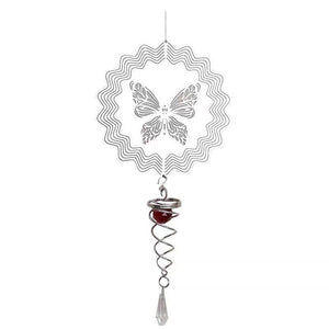 Butterfly Wind Spinner Hanging With Gazing Ball Spiral Tail 3D Metal Rotating Outdoor Stainless Steel Butterfly Metal Wind Chime Christmas Pendant Hanging Spiral Wind-chimes Garden Yard Home Decor