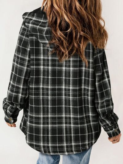 Plaid Snap Down Plush Hooded Jacket Soft & Warm Women Outerwear Cozy And Comfortable Jacket