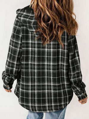 Plaid Snap Down Plush Hooded Jacket Soft & Warm Women Outerwear Cozy And Comfortable Jacket