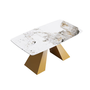 63" Modern Artificial Stone Pandora White Curved Metal Leg Dining Table, 6 People - Antique White / Gold by Couch.com