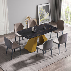 63" Artificial Stone Black Curved Golden Metal Leg Dining Table, 6 People - Black / Gold by Couch.com