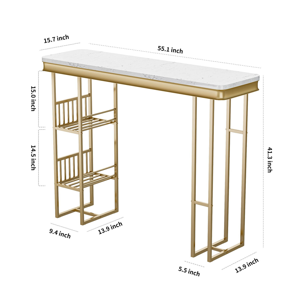 Modern Straight Bar Table With Shelves - White / Gold by Couch.com