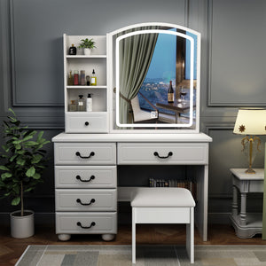 Fashion Vanity Desk with Mirror and Lights for Makeup, Vanity Mirror with Lights and Table Set with 3 Color Lighting Brightness Adjustable, 6 Drawers, White Color