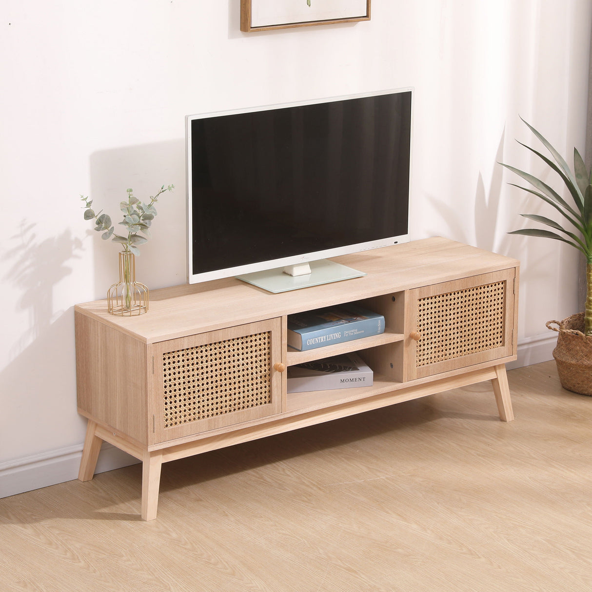 Superjare Boho TV Stand For 55" TV, Entertainment Center With Adjustable Shelf, Real Rattan TV Console With 2 Cabinets, Media Console, Solid Wood Feet, 2 Cord Holes, For Living Room - Natural by Couch.com