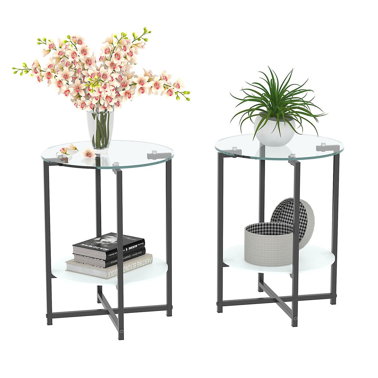 JWS Tempered Glass End Table (Set of 2), Round Coffee Table For Bedroom Living Room Office - Black by Couch.com