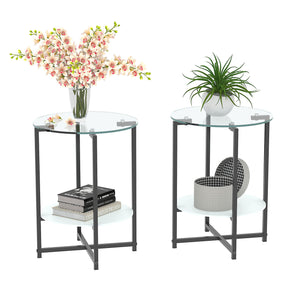 JWS Tempered Glass End Table (Set of 2), Round Coffee Table For Bedroom Living Room Office - Black by Couch.com