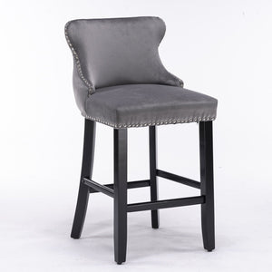 Contemporary Upholstered Wing-Back Barstools With Button Tufted Decoration And Wooden Legs, And Nailhead Trim, Leisure Style Bar Chairs, Bar Stools (Set of 2)