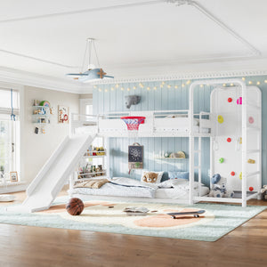 Twin size metal loft/bunk bed with basketball hoop, pull-up rings, climbing wall, and built-in bookshelves. Playful children's design featuring a slide,White.