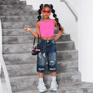 Girl's Nostalgic Washed Distressed Jeans