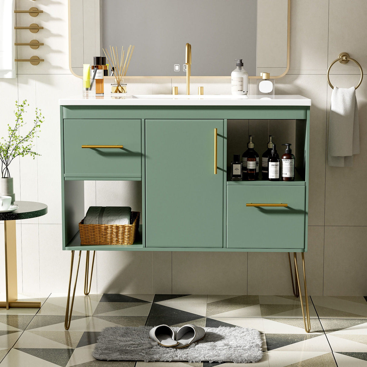 Bathroom Vanity With Resin Sink Combo Set, Modern Freestanding Single Bathroom Cabinet With 2 Drawers & 2 Storage Compartments, Storage Cabinet For Bathroom, Frame Vanity Set - Green by Couch.com