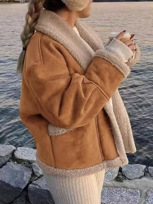 Fuzzy Collared Neck Long Sleeve Jacket with Buttoned Closure and Cozy Pockets