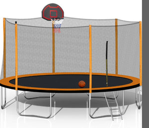14Ft Powder-Coated Advanced Trampoline With Basketball Hoop Inflator And Ladder (Outer Safety Enclosure) - Orange by Couch.com