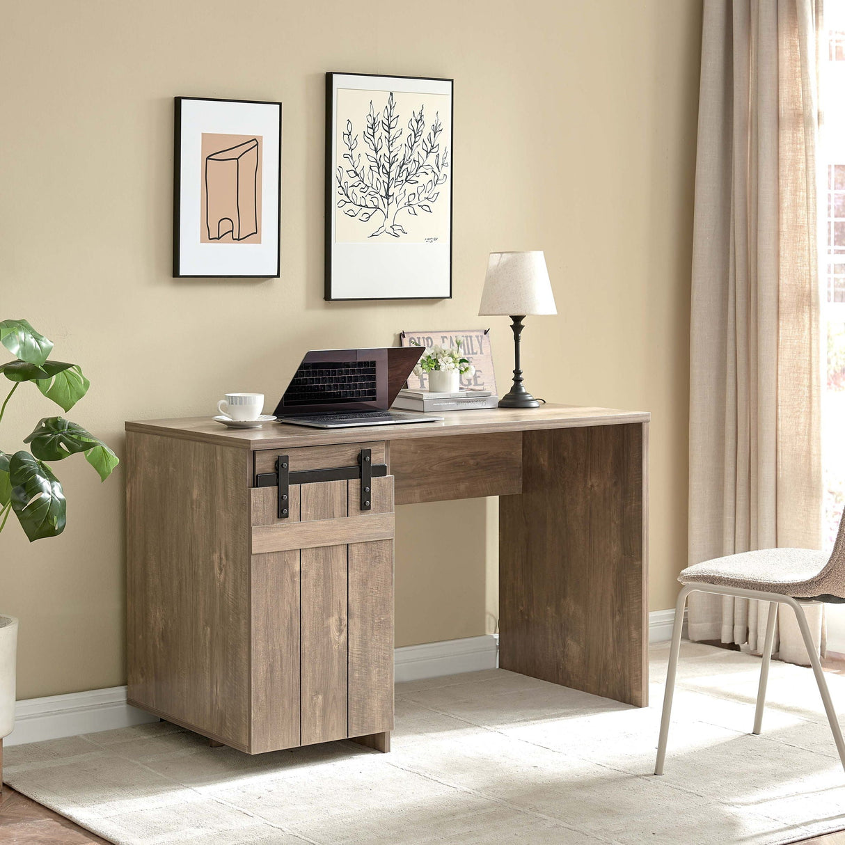 Home Office Desk Hazelnut One Cabinet Three Shelves Faux Barn Door On Metal Euro Hinges Modesty Panel - Light Brown by Couch.com