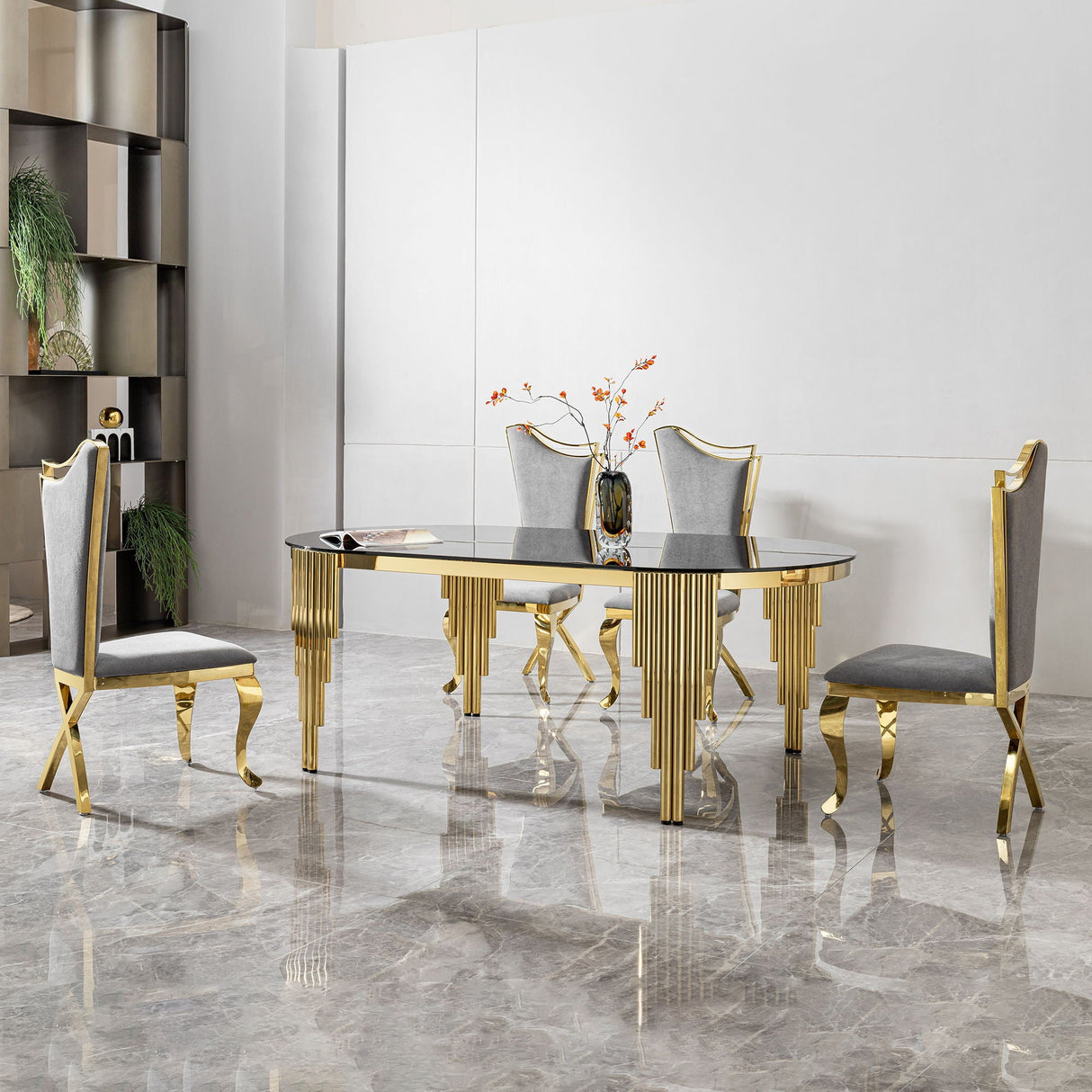 Glass Top Oval Dining Table With Gold Stainless Steel Base For 8 Seats - Gold / Black by Couch.com