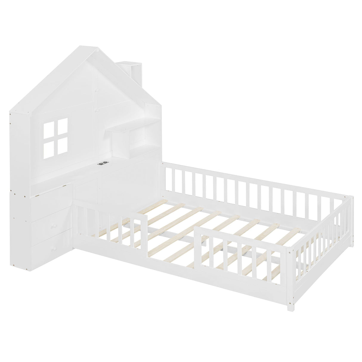 Full Size House Bed With Window And Bedside Drawers, Platform Bed With Shelves And A Set Of Sockets And USB Port - White by Couch.com