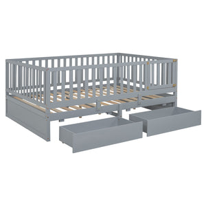 Daybed With Fence Guardrails And 2 Drawers, Split Into Independent Floor Bed & Daybed by Couch.com