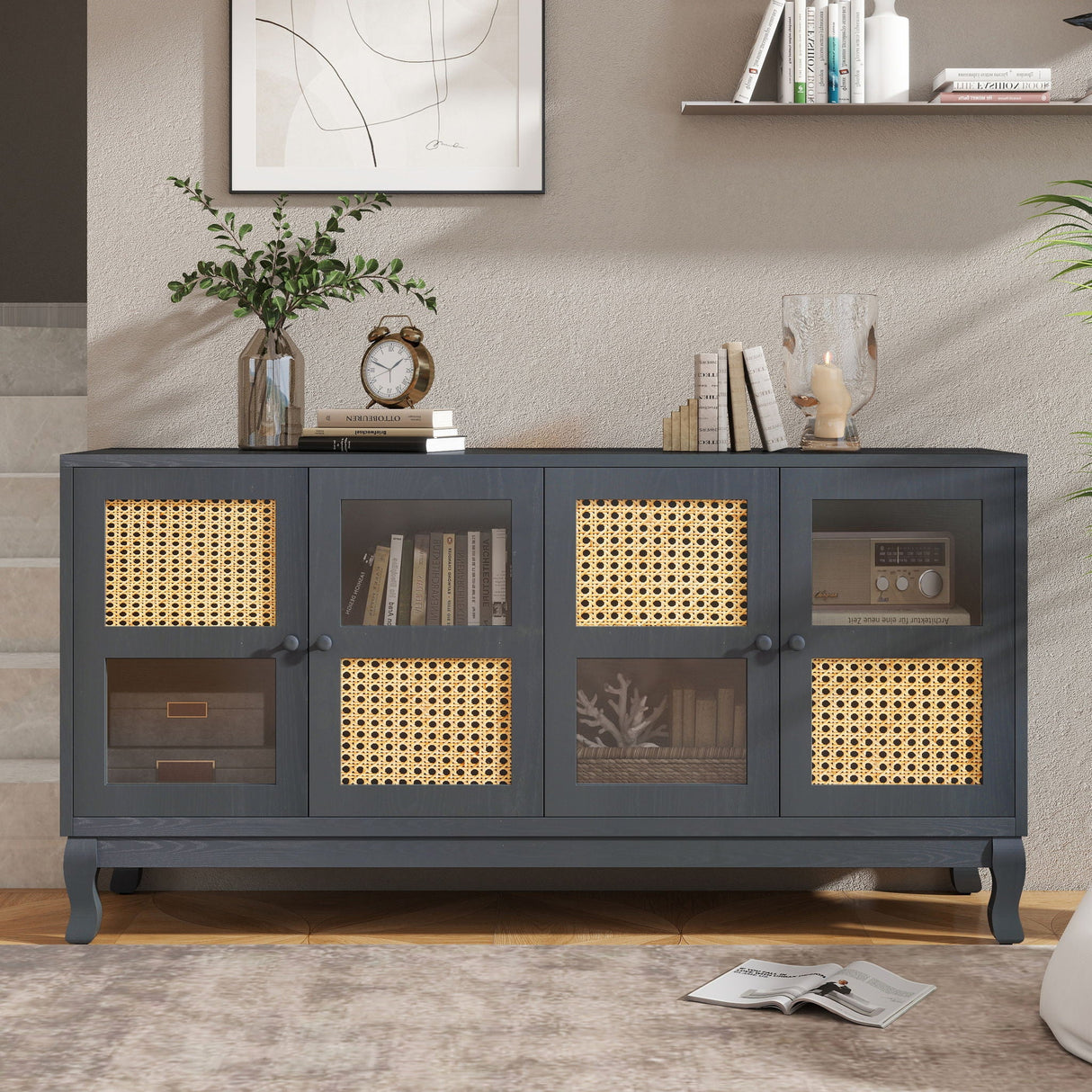 Retro Industrial 4 Door Sideboard With Large Storage, Rattan And Glass Doors by Couch.com