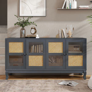 Retro Industrial 4 Door Sideboard With Large Storage, Rattan And Glass Doors by Couch.com