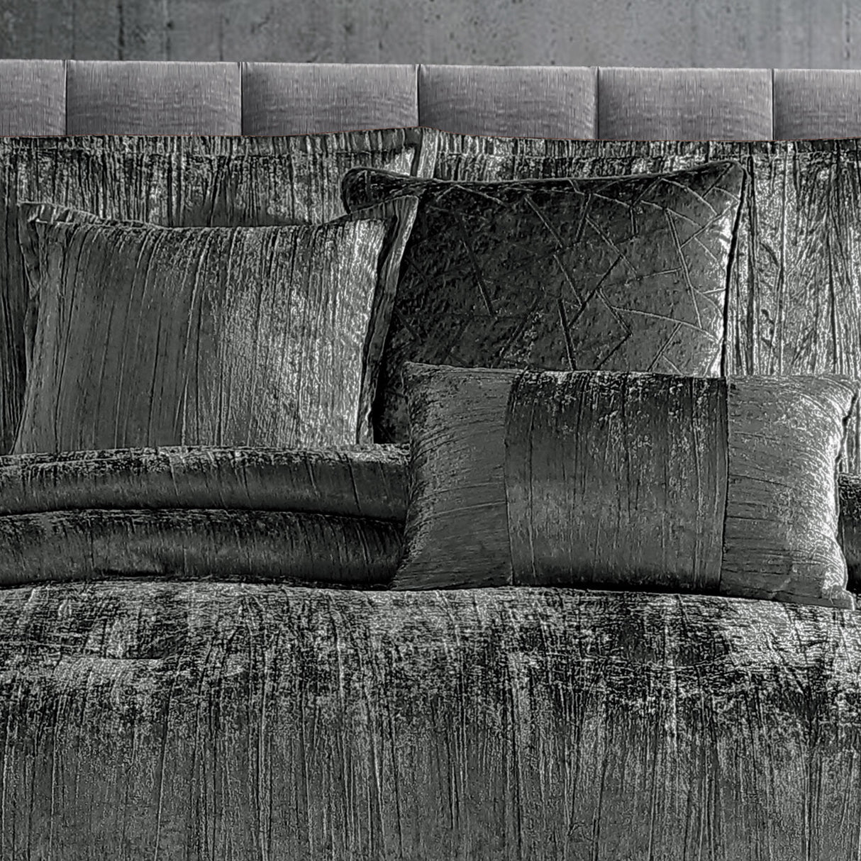 Turin 7 Piece Charcoal Crinkle Velvet Comforter Ensemble