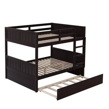 The Bunk Bed With Twin Size Trundle features a dark wooden twin-over-full design, side built-in ladder, visible mattress slats, and a pull-out trundle bed underneath in a simple, modern style.