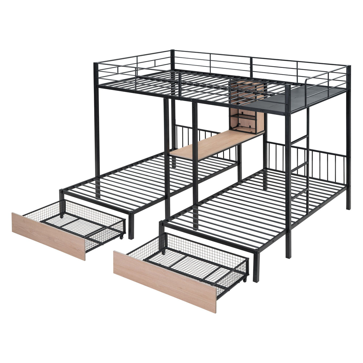 Triple Bunk Bed With Drawers, Multi-Functional Frame With Desks And Shelves In The Middle by Couch.com